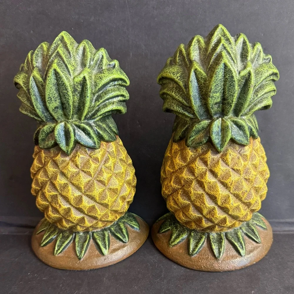 Vintage Heavy cast iron Pineapple yellow and green bookends
